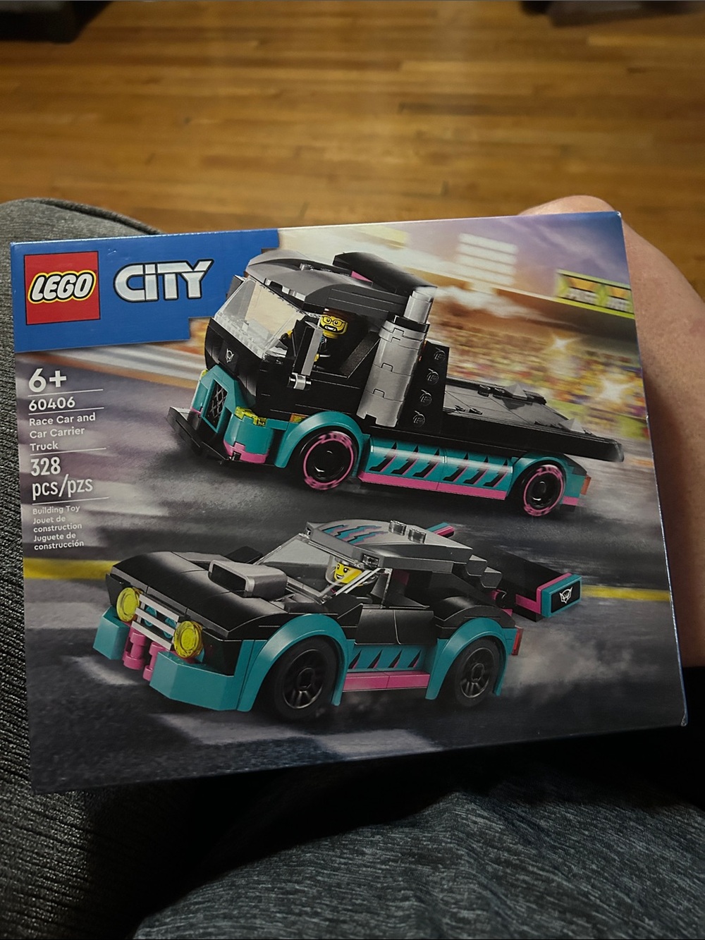 LEGO City Black, Teal & Pink Race Car with Car Carrier Truck